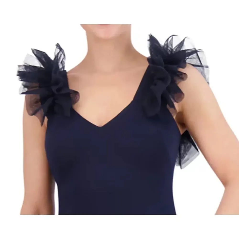 Eliza J Ruffle-Shoulder Scuba Gown Evening Dress, Plus 18W, Navy Blue New $188 - Picture 8 of 8